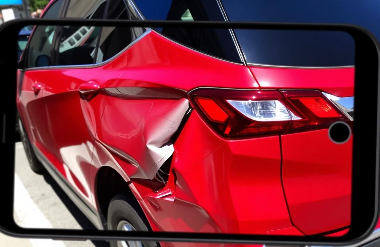 A red 2019 Chevrolet Equinox LT with side collision damage and creased rear quarter panel viewed through a phone screen