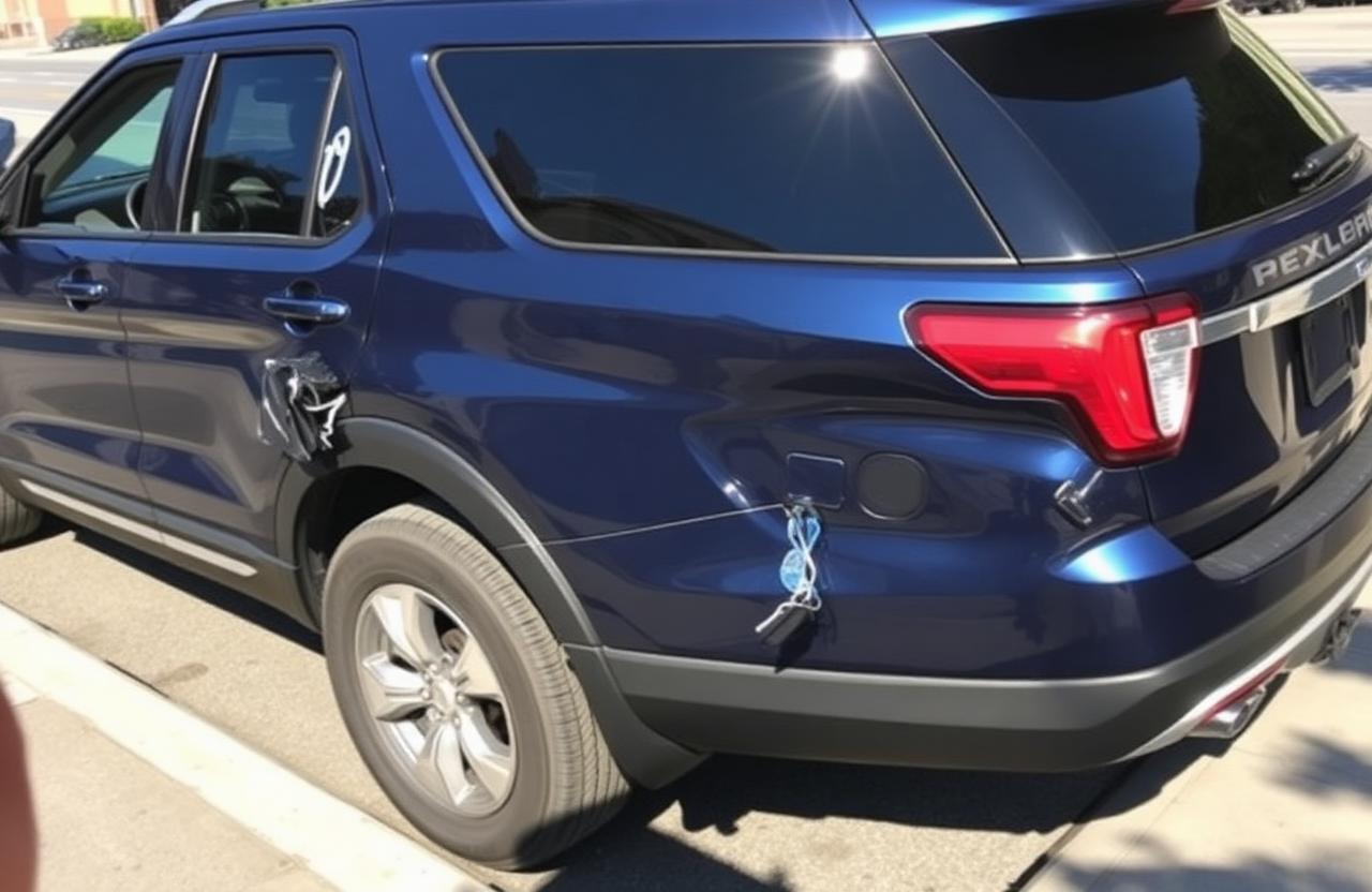 A dark blue 2019 Ford Explorer XLT SUV with side impact damage on rear passenger door and broken window parked on a city street