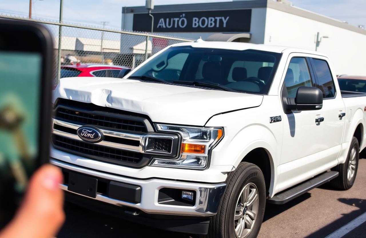 A white 2022 Ford F-150 XLT SuperCrew pickup truck with crumpled hood and front bumper damage at an auto body shop with chain-link fence