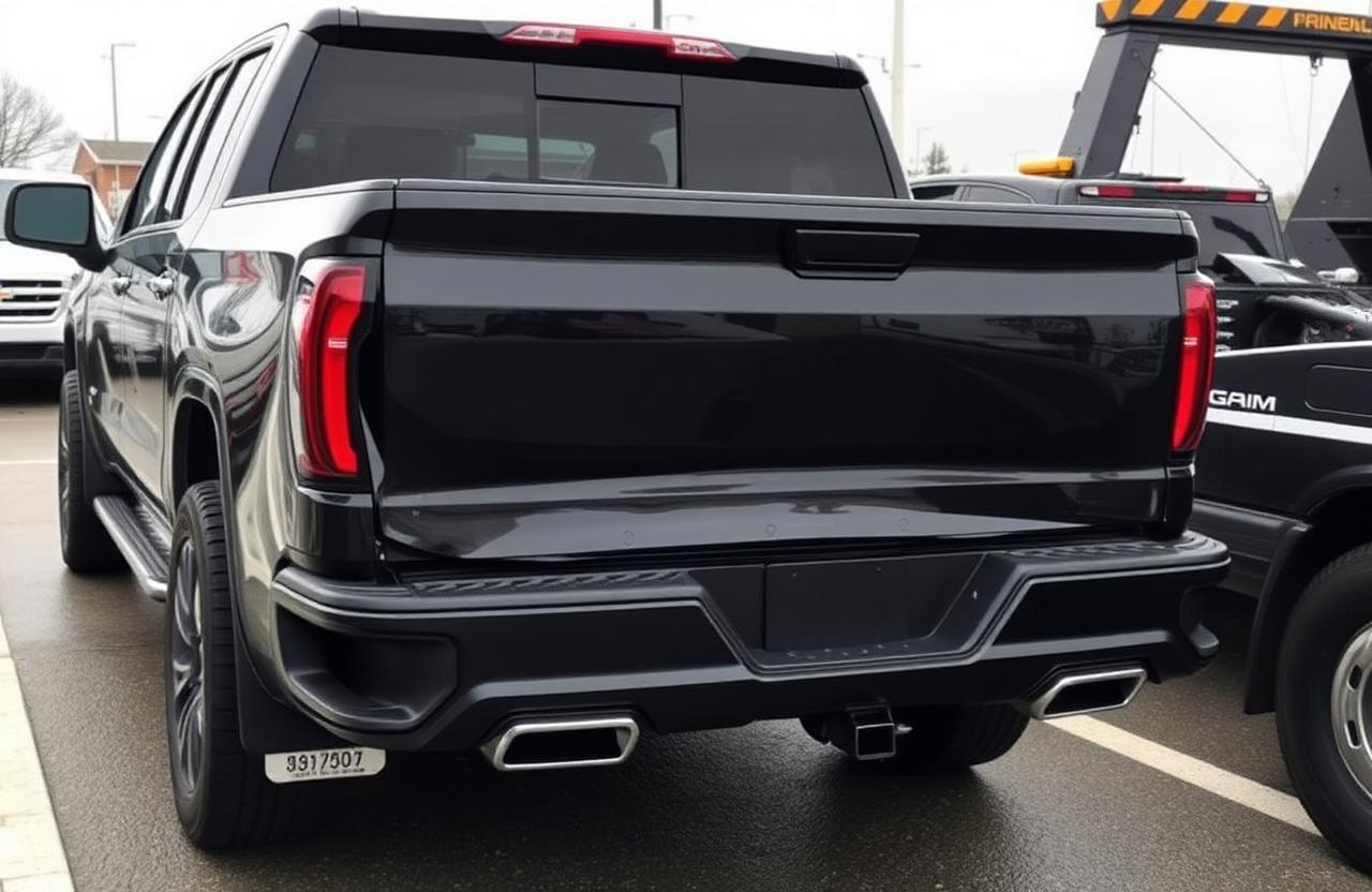 A black 2020 GMC Sierra 1500 Denali crew cab with smashed rear bumper and dented tailgate next to a tow truck