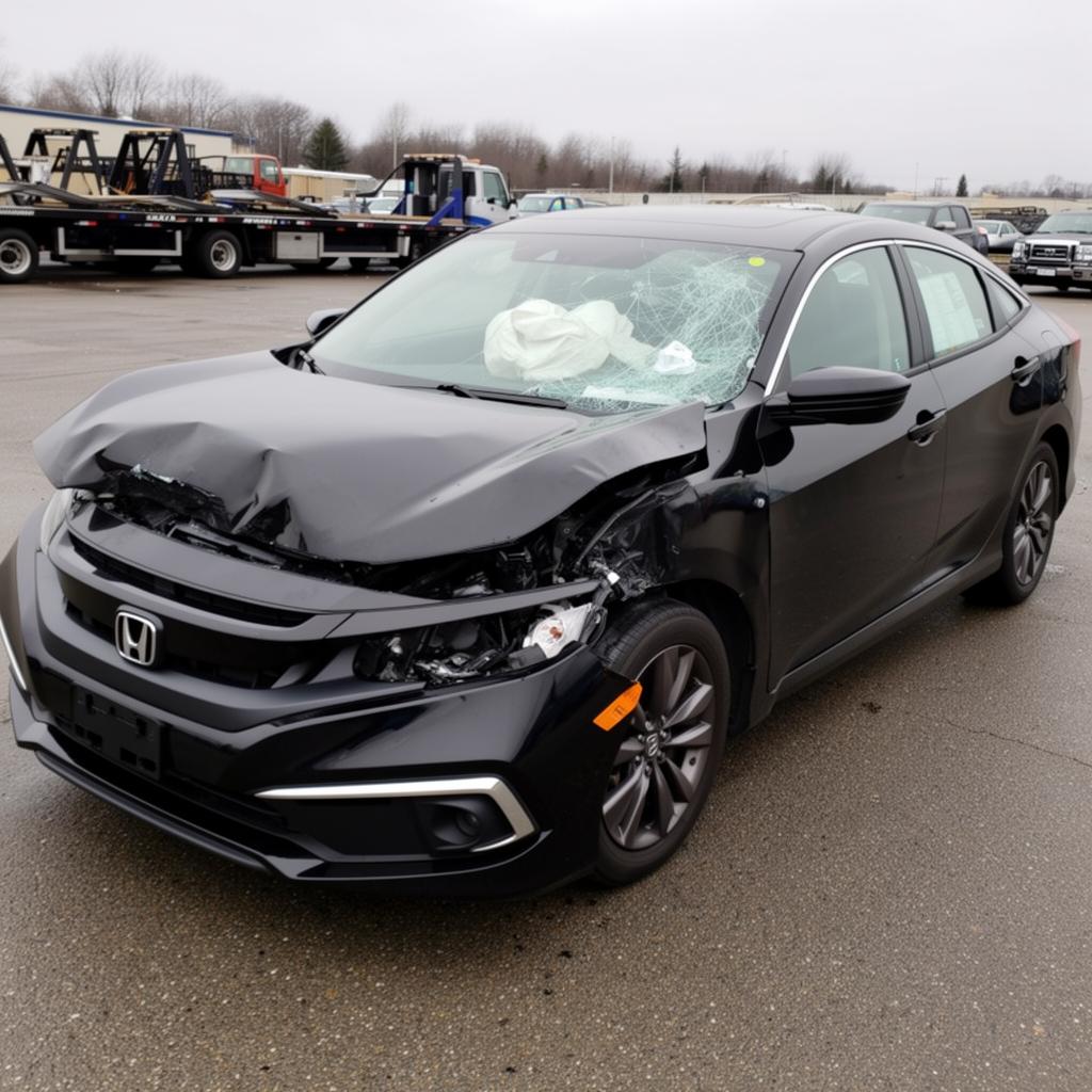 A black 2019 Honda Civic EX sedan with severe front-end collision damage and deployed airbag at a tow yard
