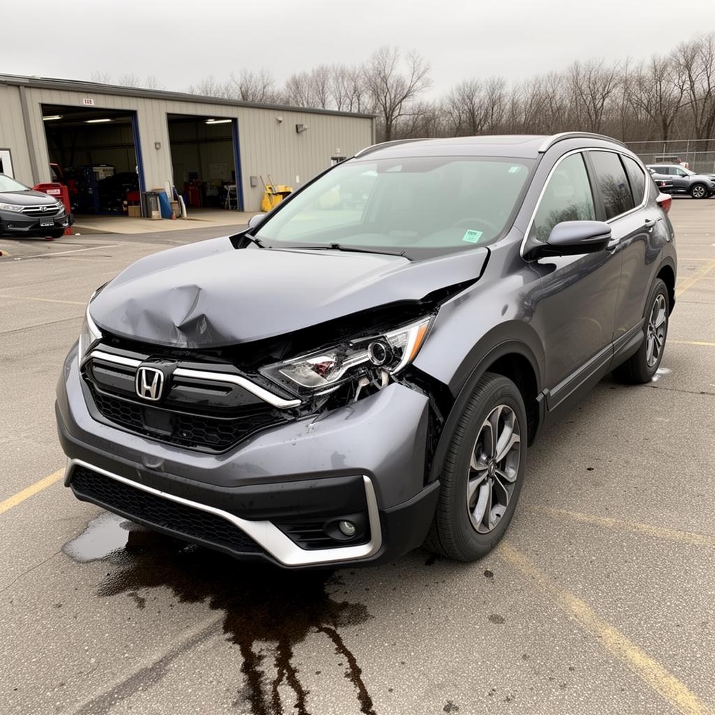 A gray 2020 Honda CR-V EX-L compact SUV with front-end collision damage and broken headlight in a body shop parking lot