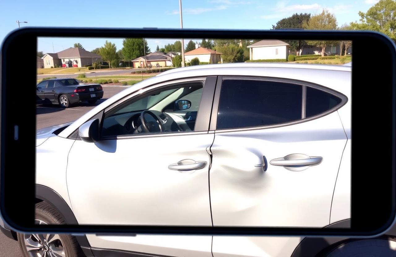 A silver 2021 Hyundai Tucson SEL compact SUV with dented driver side door and scraped paint in a suburban parking lot