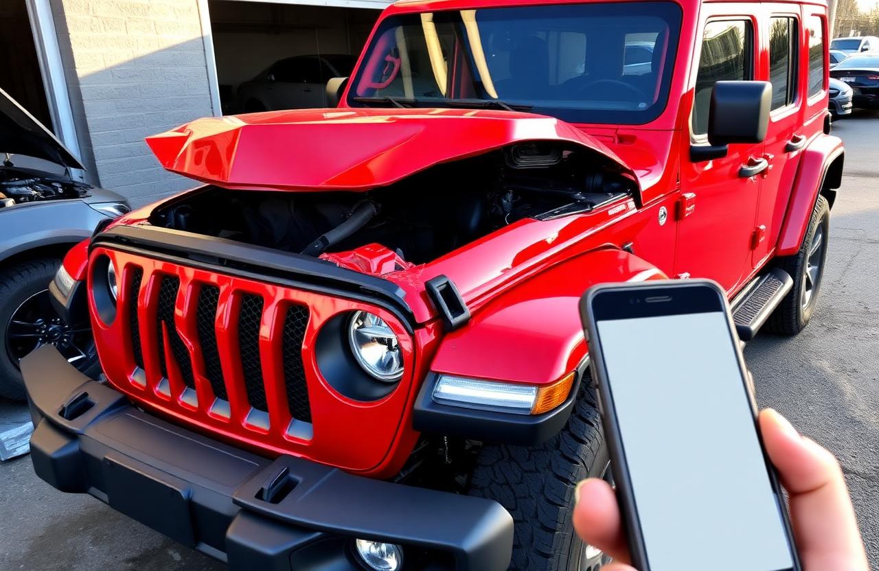 A bright red 2021 Jeep Wrangler Unlimited Sahara with hood lifted showing front-end collision damage at a body shop