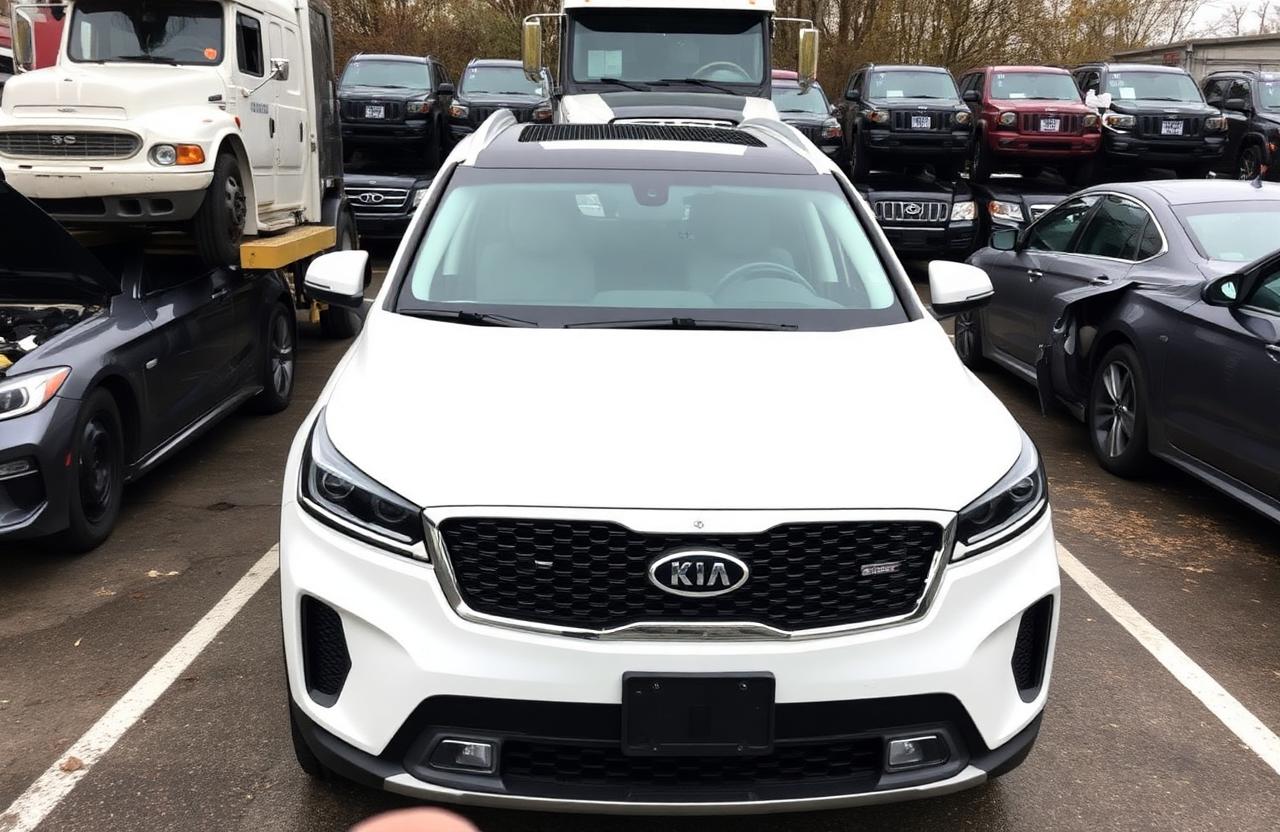 A white 2021 Kia Sorento EX three-row SUV at a tow yard surrounded by other damaged vehicles and trucks