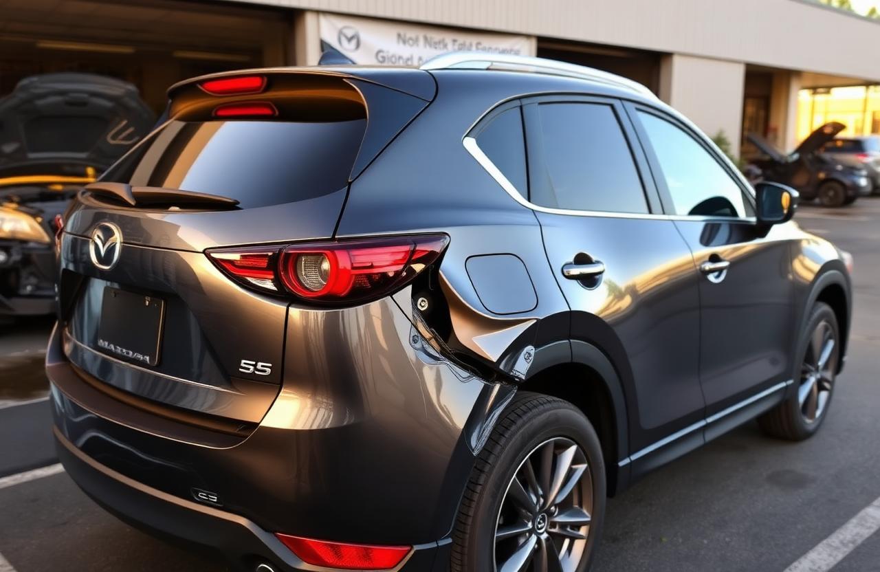 A dark gray 2020 Mazda CX-5 Grand Touring with rear-end collision damage and broken taillight at a body shop lot