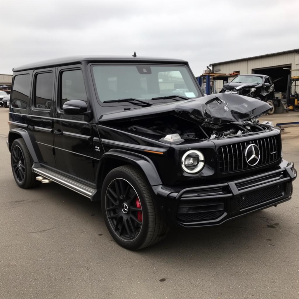 A black 2022 Mercedes-AMG G63 with front-end collision damage in a salvage yard at golden hour