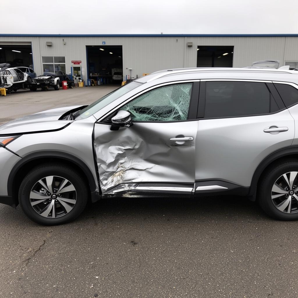 A silver 2021 Nissan Rogue SV compact SUV with severe side collision damage at a body shop