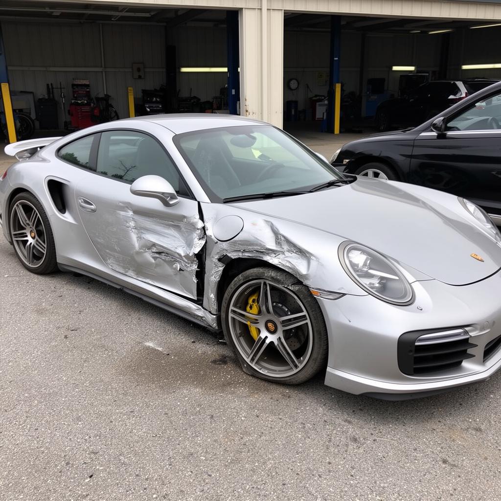 A silver 2021 Porsche 911 Turbo S sports car with side collision damage at an auto body shop
