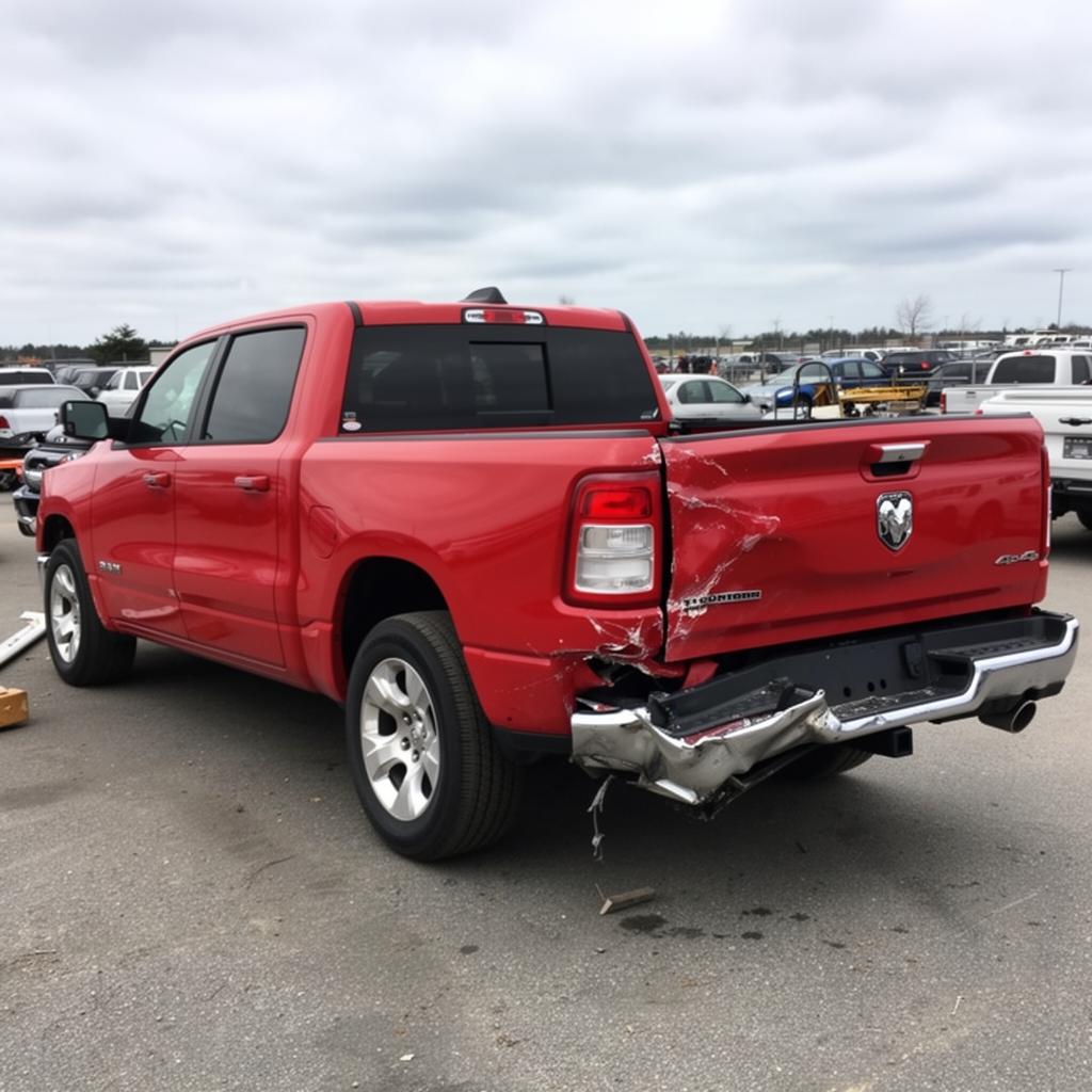 A red 2019 Ram 1500 Big Horn Crew Cab pickup with rear-end collision damage at a tow yard