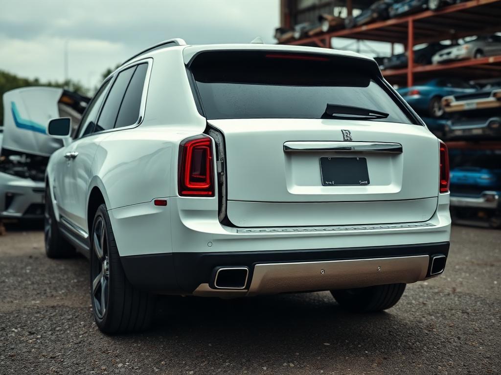 A white Rolls-Royce Cullinan SUV with rear-end collision damage parked in a salvage yard
