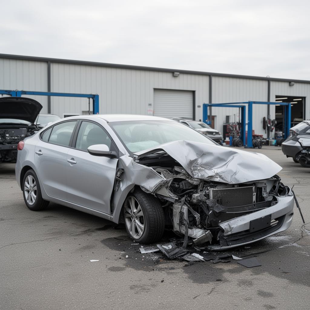 A white 2019 Honda Accord on a flatbed tow truck with side impact damage in an overcast parking lot