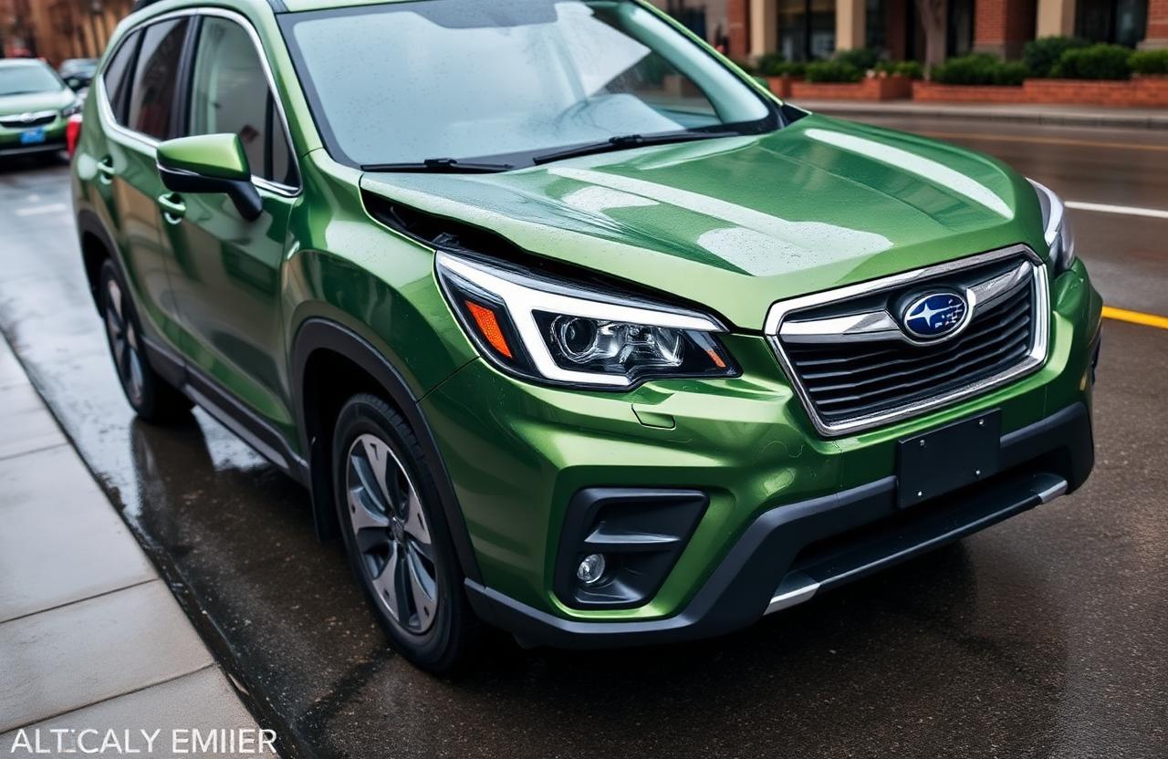 A green 2019 Subaru Forester Premium with front-end damage and shattered headlight parked on a wet street in the rain