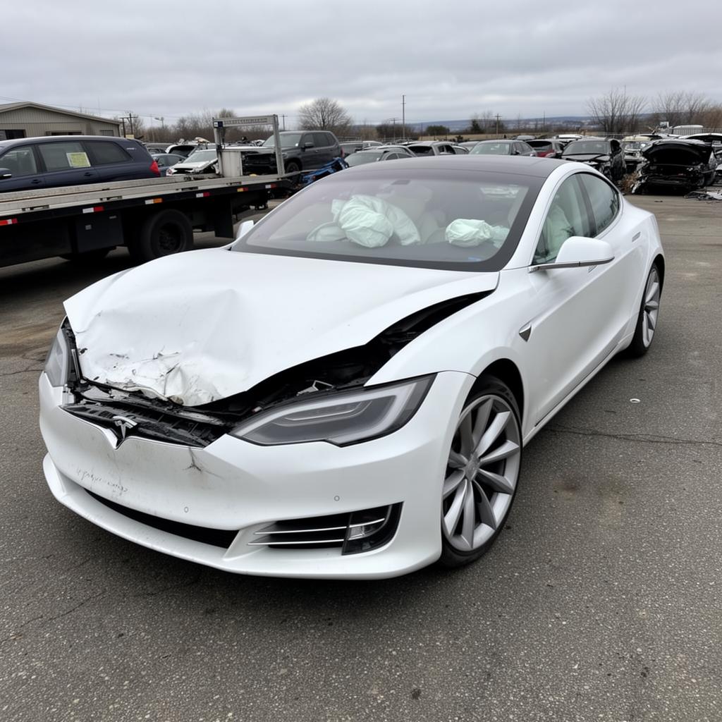A red 2022 Tesla Model S Plaid with front-end collision damage in a salvage yard
