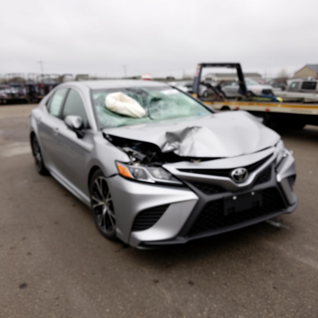 A silver 2020 Toyota Camry SE with severe front-end collision damage and deployed airbag, parked at a tow yard