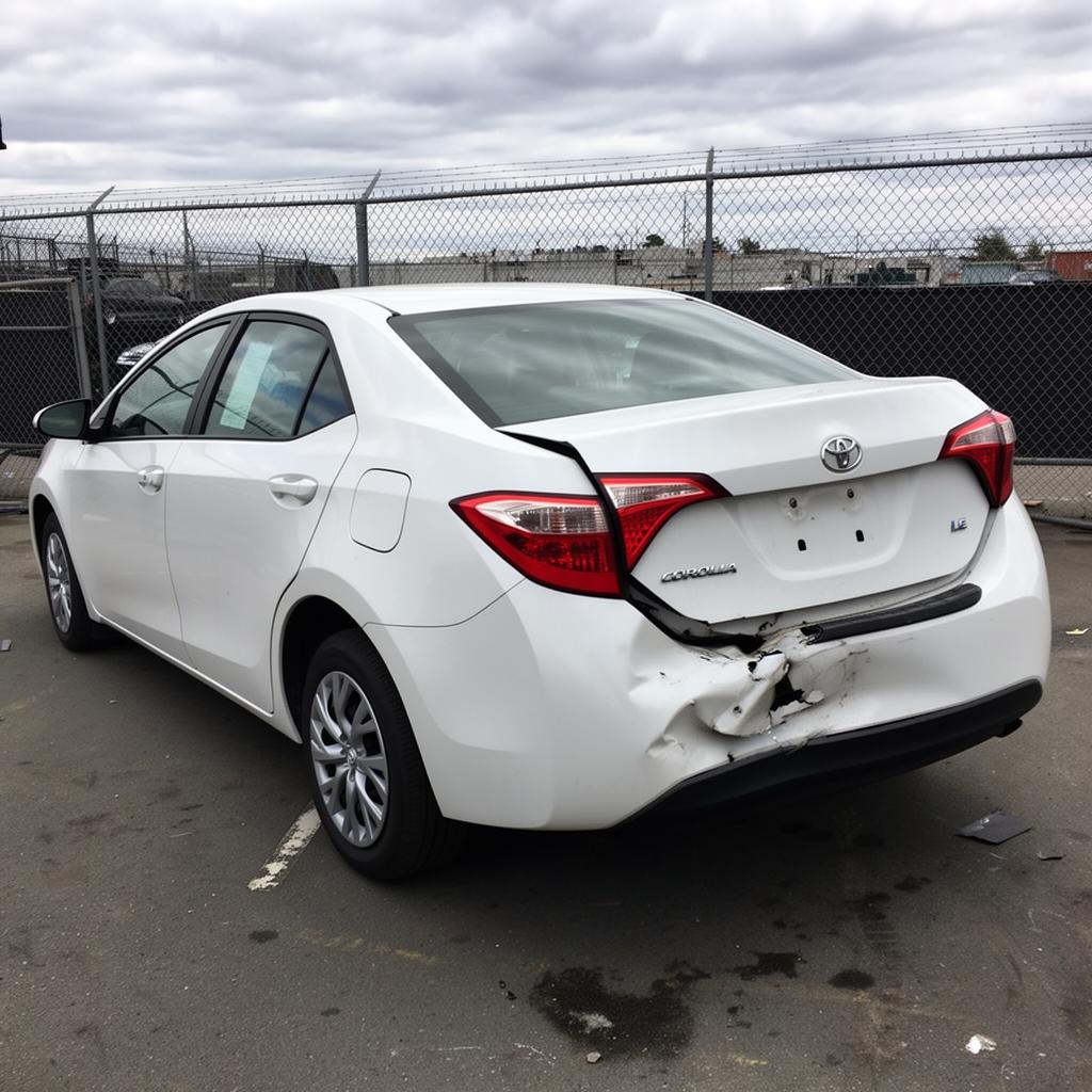 A white 2019 Toyota Corolla LE with rear-end collision damage and broken right taillight at a body shop lot
