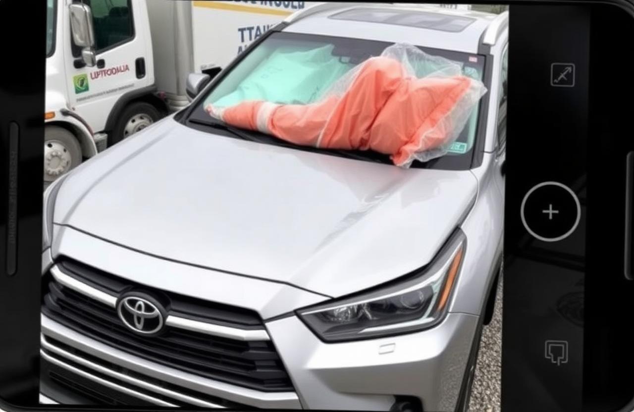 A silver 2020 Toyota Highlander XLE SUV with deployed orange airbags visible through the windshield and front-end damage at a tow yard