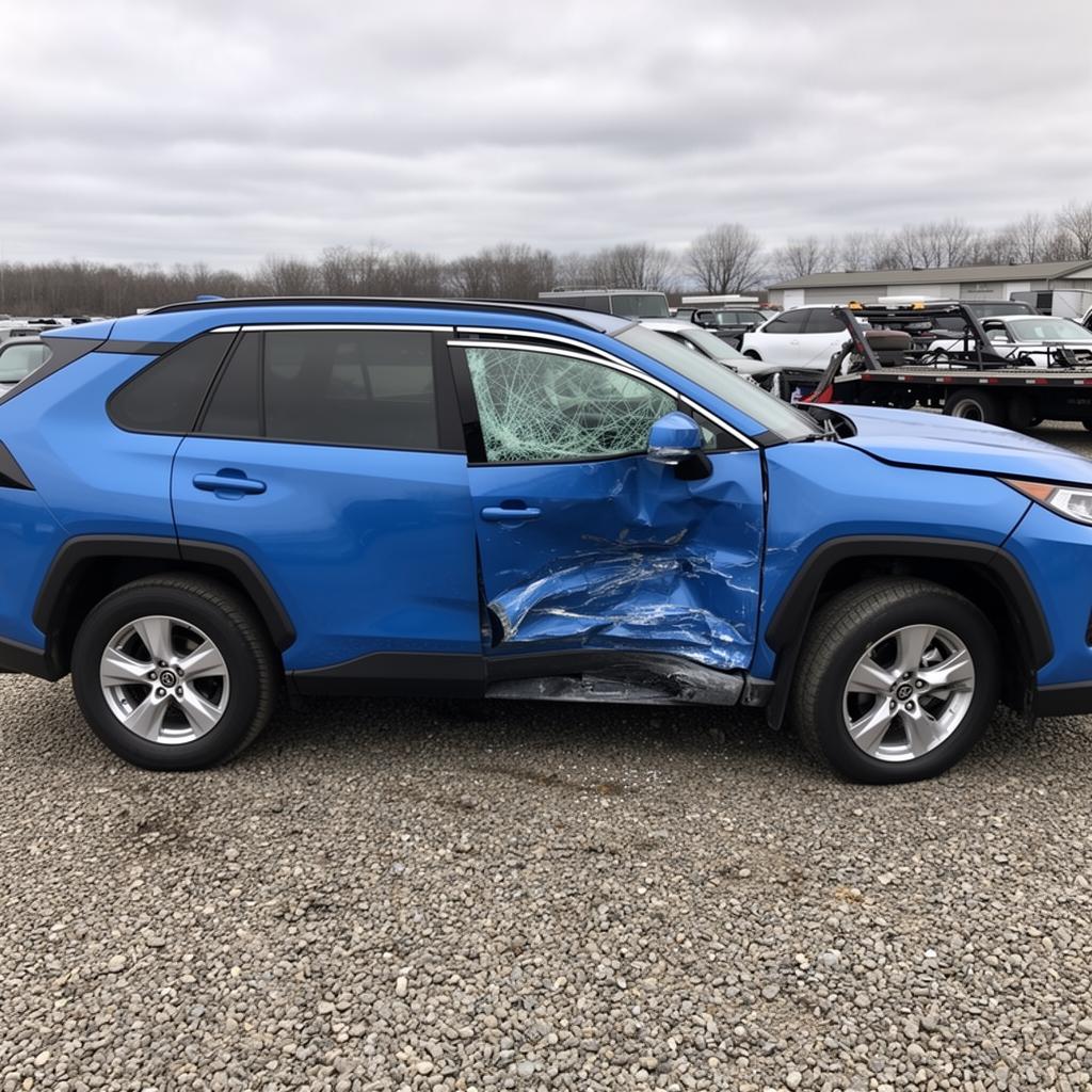 A blue 2021 Toyota RAV4 XLE compact SUV with severe side collision damage at a tow yard