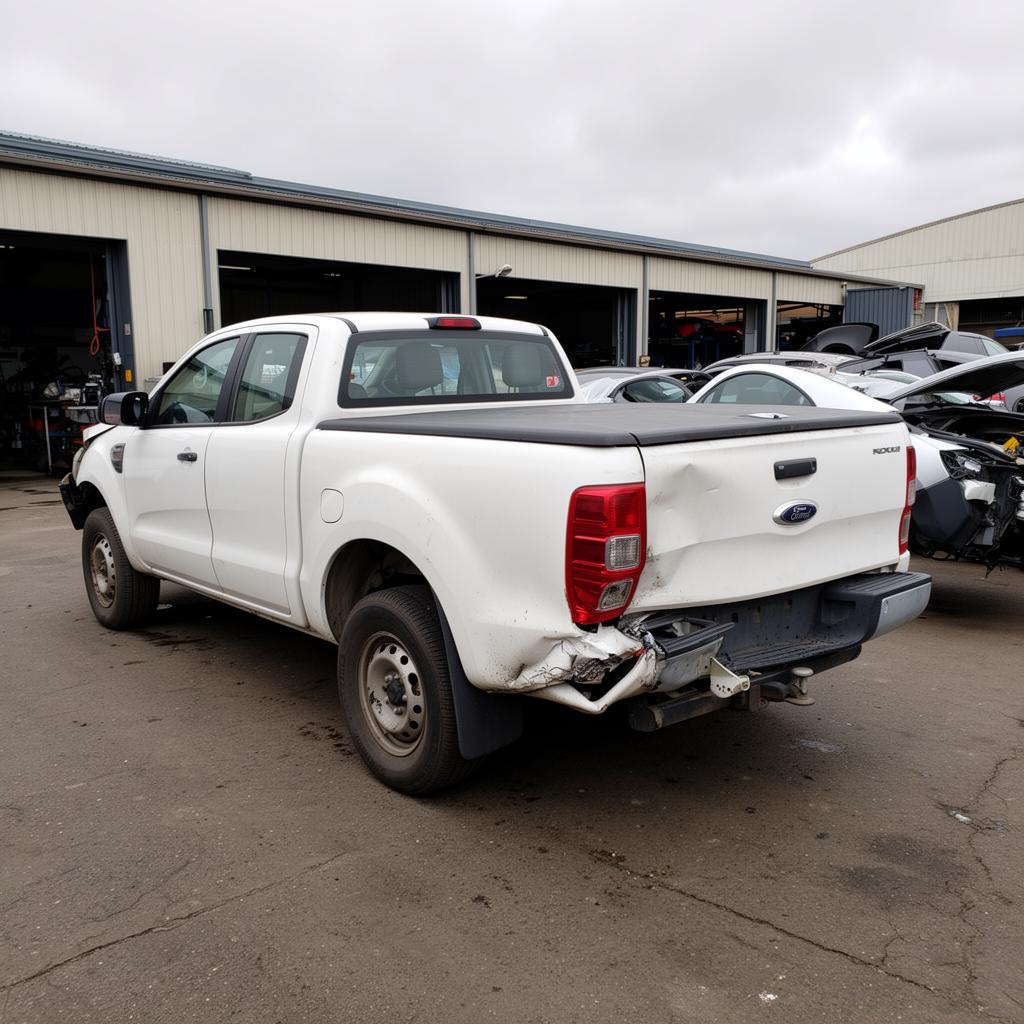 A red 2020 Toyota Tacoma pickup truck with rear bumper damage in a daytime parking lot